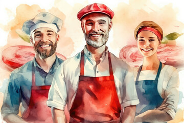 happy butcher man and woman in watercolor art, labor day banner, copy space, isolated background