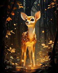 In the forest, a deer stands as yellow light filters through trees. (Generative AI)