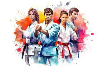 happy karate man and woman in watercolor art, labor day banner, copy space, isolated background
