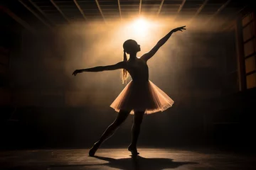 Photo sur Plexiglas École de danse Unrecognizable teen ballet dancer in tutu in dance studio counter light. AI generated