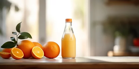 Foto op Canvas AI Generated. AI Generative. Orange juice nottle glass ware on kitchen bright day table mock up background. Healthy morning vitamin c graphic art © Graphic Warrior