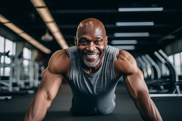 Naklejka na ściany i meble portrait of smiling senior african american man exercising in gym