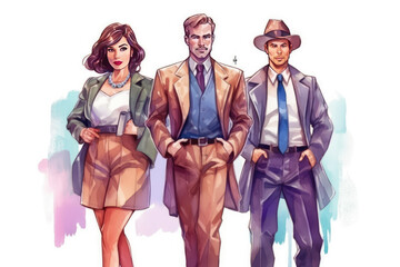 Naklejka premium happy spy man and woman in watercolor art, labor day banner, copy space, isolated background