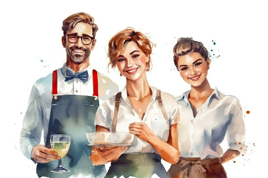 happy waiter man and woman in watercolor art, labor day banner, copy space, isolated background