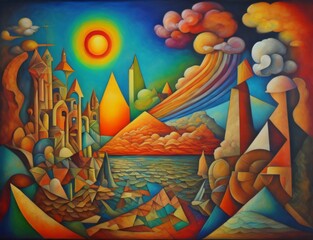 abstract fusion of colors and textures in a surreal sunset or sunrise, representing aspects of landscape painting, creativity, and artistic imagination. Created with generative AI tools