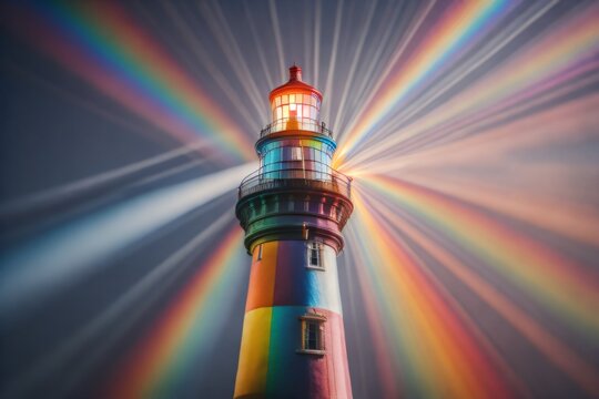Photograph capturing a lighthouse emitting a range of colors, reflecting notions of optimism, joyfulness, and diversification.