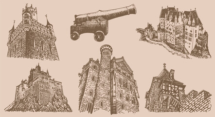Graphical vintage set of  fortresses and medieval gun on sepia background. Vector illustration, architecture - obrazy, fototapety, plakaty