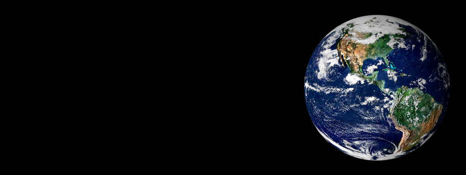 Planet earth globe from space isolated on black background banner or header with copy space.
