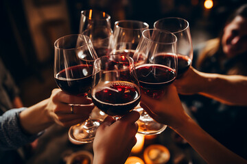 top view clinking wine glasses in front of dinner background