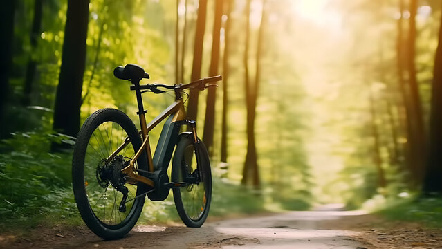 Electric Mountain Bike out in the Woods, Digital Render