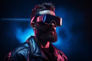 model with beard in virtual reality glasses on dark background