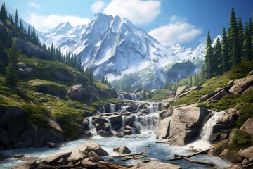 Photography of mountain landscapes with cascading waterfalls, Generative AI