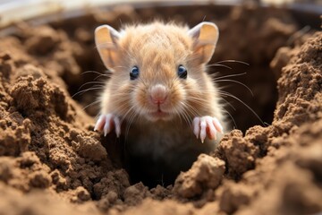 A tiny rodent rests within a dirt hole. (Generative AI)