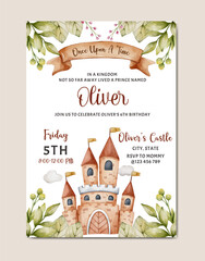 Birthday invitation card with castle theme watercolor template background