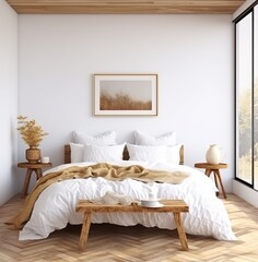 Fototapeta na wymiar Mockup of Coastal-Style Bedroom with Rattan Furniture, Blank Wall in Home Interior - 3D Render. Made with Generative AI technology