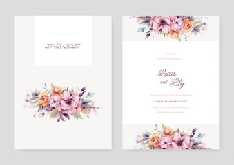 Floral wedding invitation template with flowers and leaves decoration. Botanic card design concept