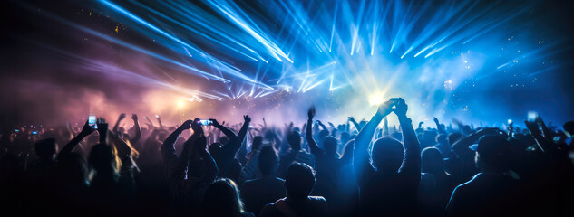  A crowd of people at a live event, concert or party holding hands and smartphones up . Large audience, crowd, or participants of a live event venue with bright lights above. Generative AI