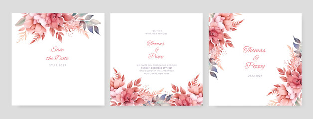 Watercolor wedding invitation card template with beautiful floral and leaves decoration