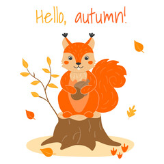 Vector illustration with cute forest animals and plants in cartoon style. Fox, wolf, bear, hedgehog, hare, squirrel.