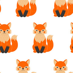 Obraz premium Seamless pattern with cute foxes in cartoon style. Animals in the forest. Vector illustration.