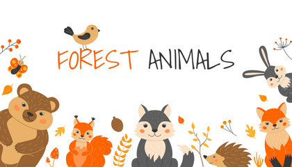 Vector illustration with cute forest animals and plants in cartoon style. Fox, wolf, bear, hedgehog, hare, squirrel.