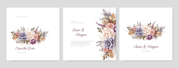 Elegant, floral wedding invite, save the date card. Delicate peach orange, white yellow garden rose flowers, green eucalyptus leaves bouquet with golden geometrical frame. Editable vector illustration