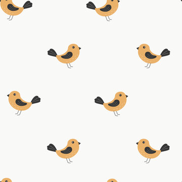 Seamless pattern with cute birds in cartoon style. Birds in the forest. Vector illustration.