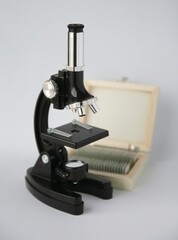 microscope with accessories on a white background