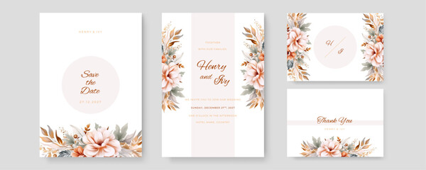 watercolor wedding invitation template with arrangement flower and leaves