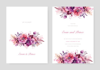 Watercolor wedding invitation card template with beautiful floral and leaves decoration