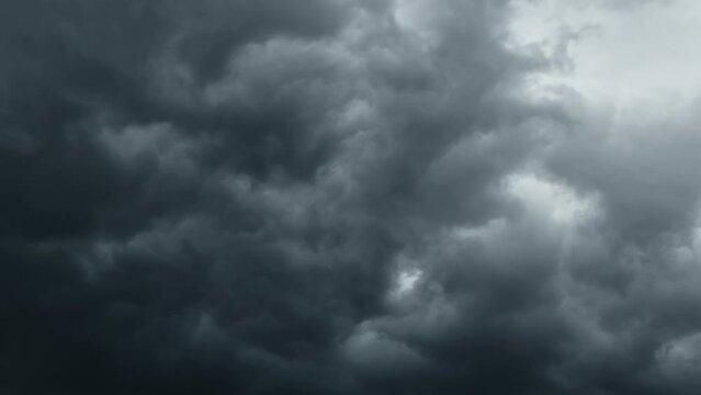 storm sky timelapse, dark dramatic clouds during thunderstorm, rain and wind, extreme weather, abstract background
