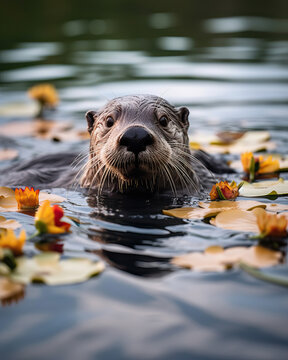 A whimsical image of an otter floating,otter in the water