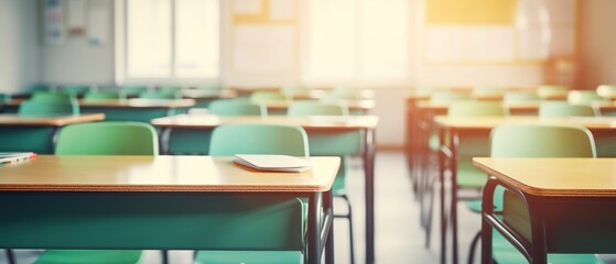 School classroom in blur background without young student. Blurry view of elementary class room no...
