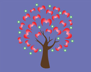 Nice tree with light and leaves in heart shape isolated on light color background . Happy Valentines day greeting card, Love iconic, Idea for art, card, gift, decoration.