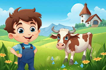 Fototapeta premium Cartoon character of kid with a cow, farm background