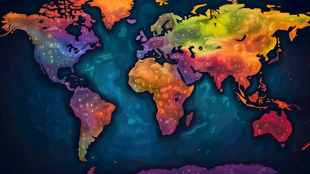 An illustration painting colorful of world map