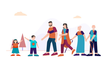 Fototapeta na wymiar Big family meeting. Couple with senior parents and two kids standing together at. Vector illustration for love, togetherness, lifestyle concept