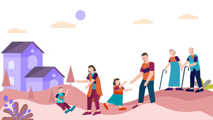 Portrait of big happy family with children, mother, father, grandfather and grandmother. Parents, grandparents and grandchildren. Colored flat vector illustration