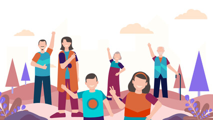 Big family meeting. Couple with senior parents and two kids standing together at. Vector illustration for love, togetherness, lifestyle concept