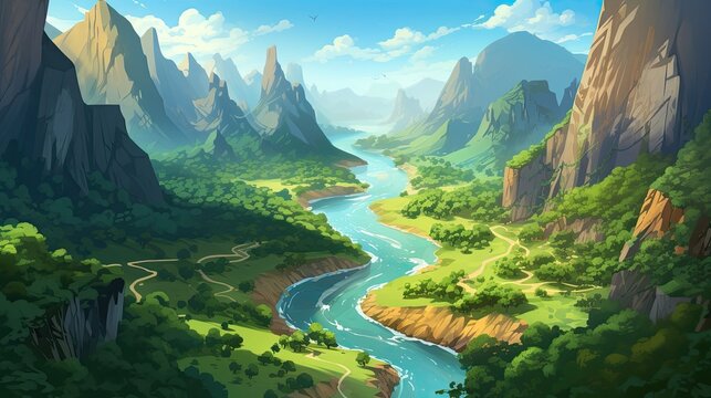 A River Flows Through Mountains From Above. (Generative AI)