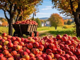 Cart fresh organic apples. Harvesting orchard background. Generative ai