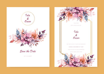 Luxury wedding invitation card background with golden line art flower and botanical leaves, Organic shapes, Watercolor. Abstract art background vector design for wedding and vip cover template.