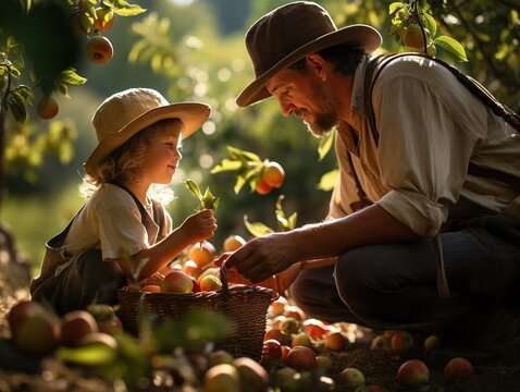The farmer man and the child harvests a fresh yab of apples Harvesting orchard background. Generative ai