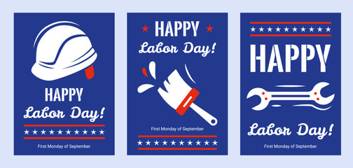 Naklejka premium American Labor Day three posters with text and working tools, vector greeting with American Workers Day.