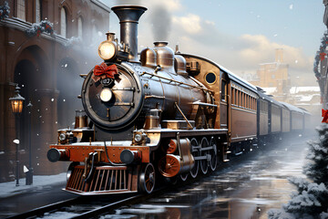Obraz premium An old steam locomotive moving through a fairy tale snowy city during Christmas time, generated ai