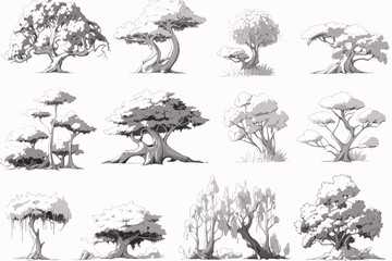 set of silhouettes of trees vector