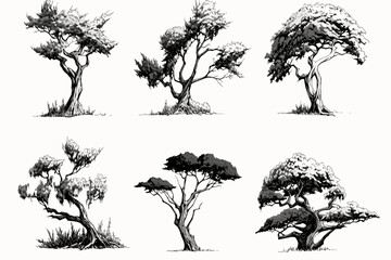 set of silhouettes of trees vector
