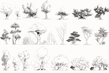 set of silhouettes of trees vector