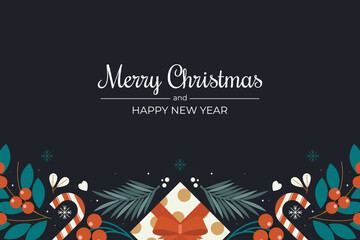 Merry Christmas and Happy New Year banner design on dark background. Ideal for invitation, greeting card, header.	
