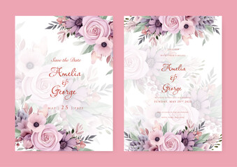 vector floral wedding invitation template set with elegant soft leaves